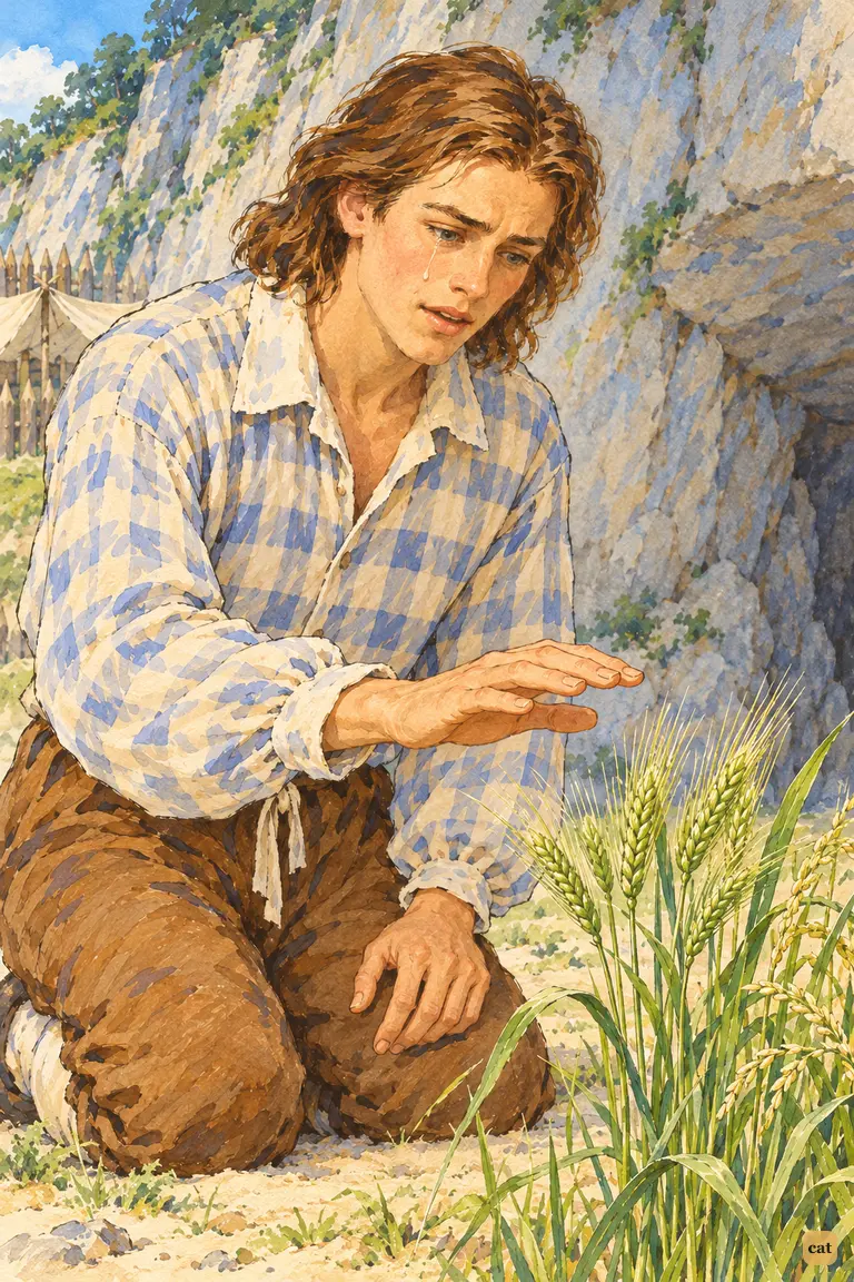 Kneeling in the rock's shade, the castaway weeps over sprouts of English barley and rice