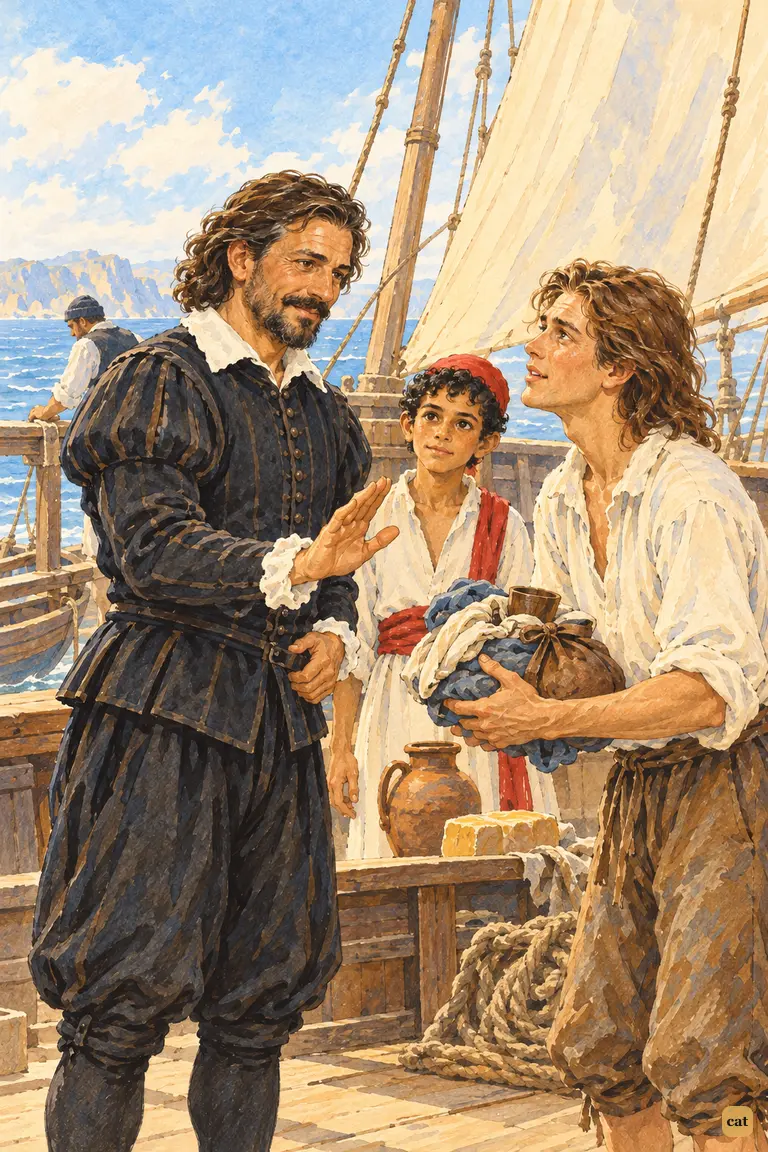 The Portuguese captain waves off Crusoe's goods and will carry him to Brazil in charity
