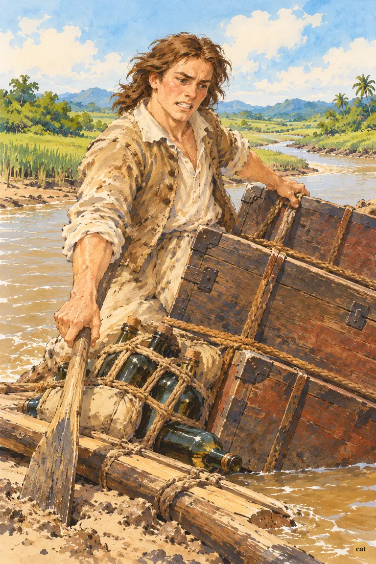 Aground on a shoal, the castaway braces against the tilting chests to save his cargo