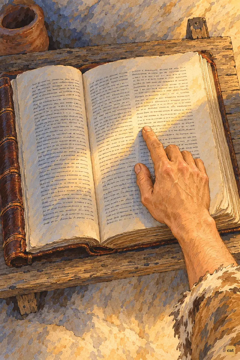 A sun-browned finger rests under a line of comfort in the worn open Bible at dawn