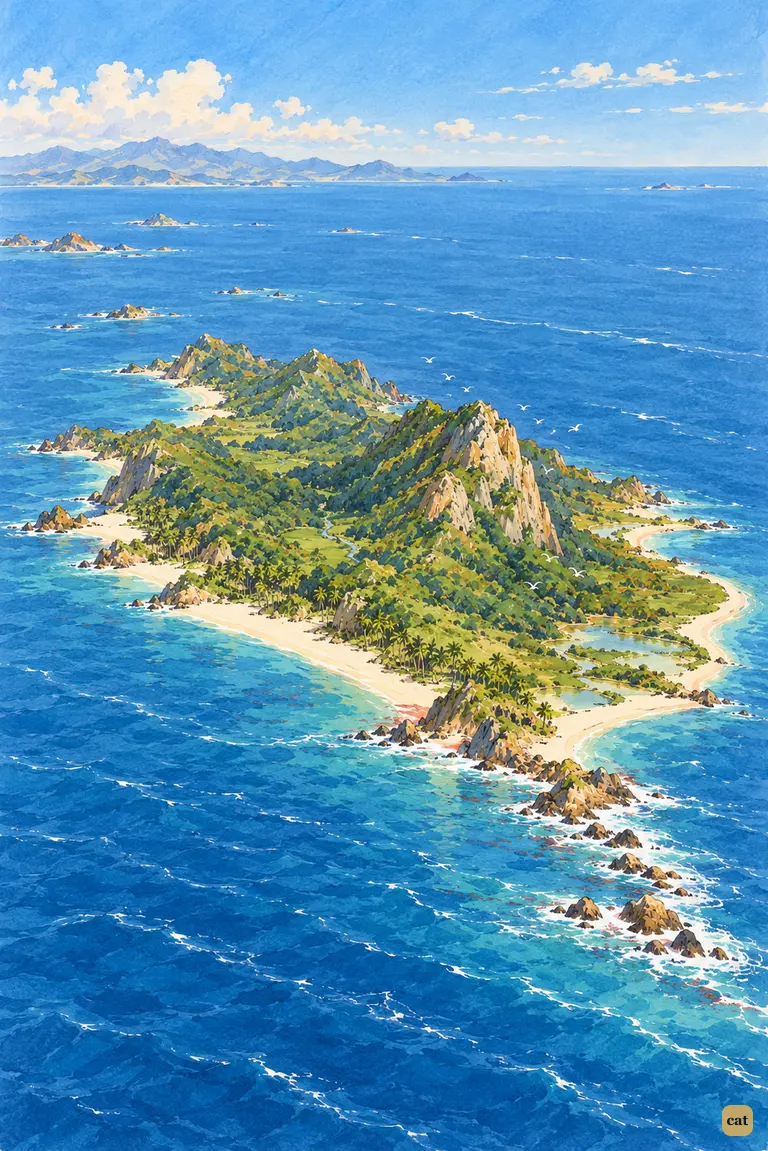 Crusoe's whole island from high above: a small green shape ringed by surf in a bright sea