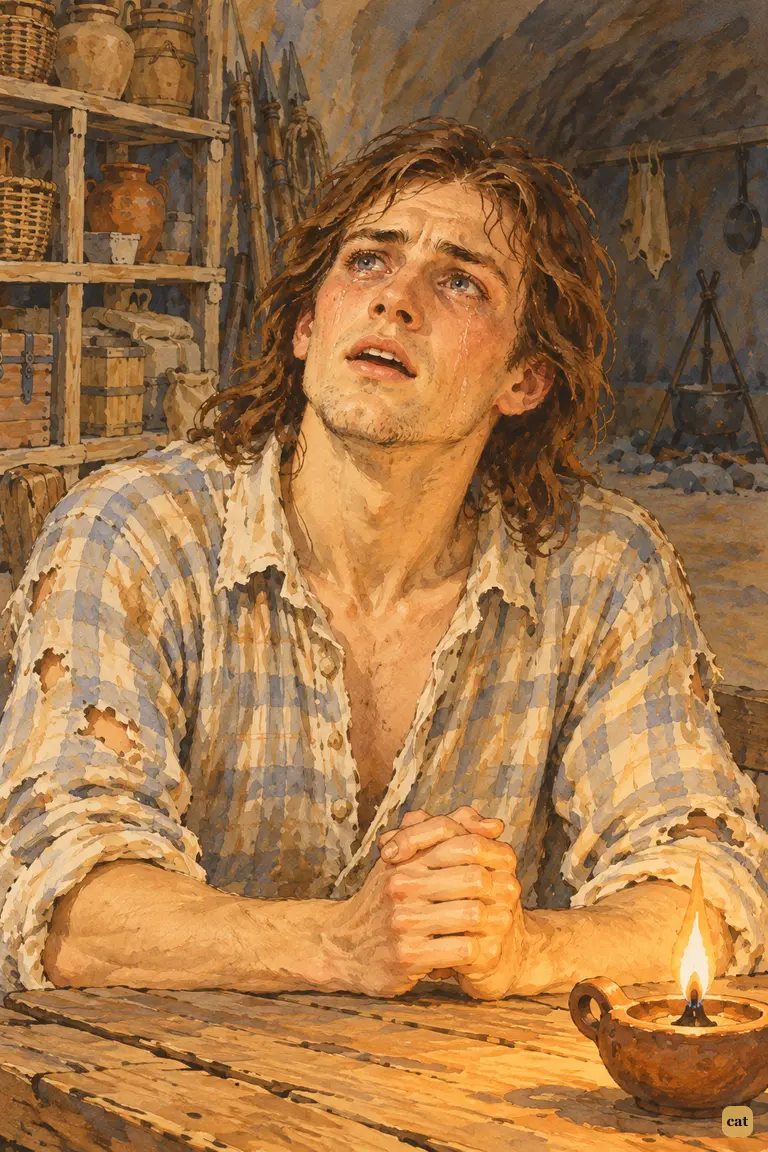 Feverish in his cave, Crusoe weeps and cries out to God in his first prayer in years