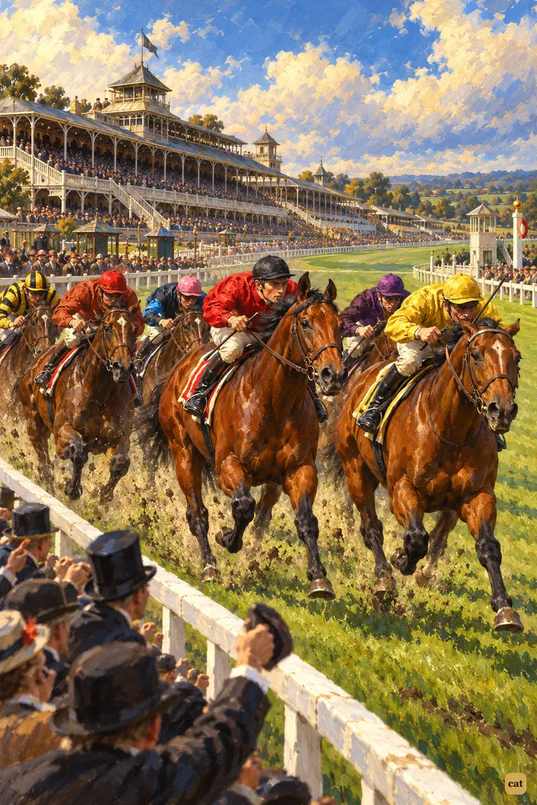 Six horses thunder up the straight as the disguised Silver Blaze gathers to burst past