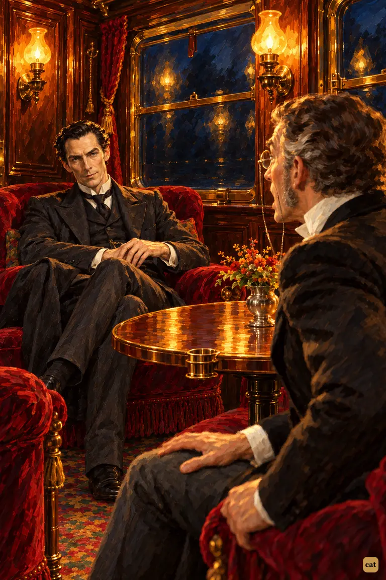 In the Pullman car, Colonel Ross slaps his knee as Holmes watches, dryly amused