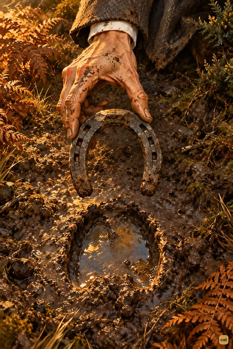 Holmes lowers Silver Blaze's cast horseshoe over a fresh hoof-print in the wet earth