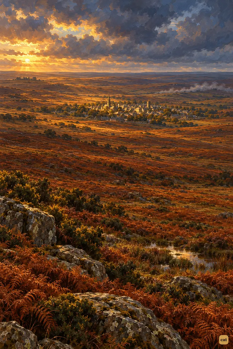 Dartmoor at dusk, vast and empty, with Tavistock's thin steeples glowing at its centre