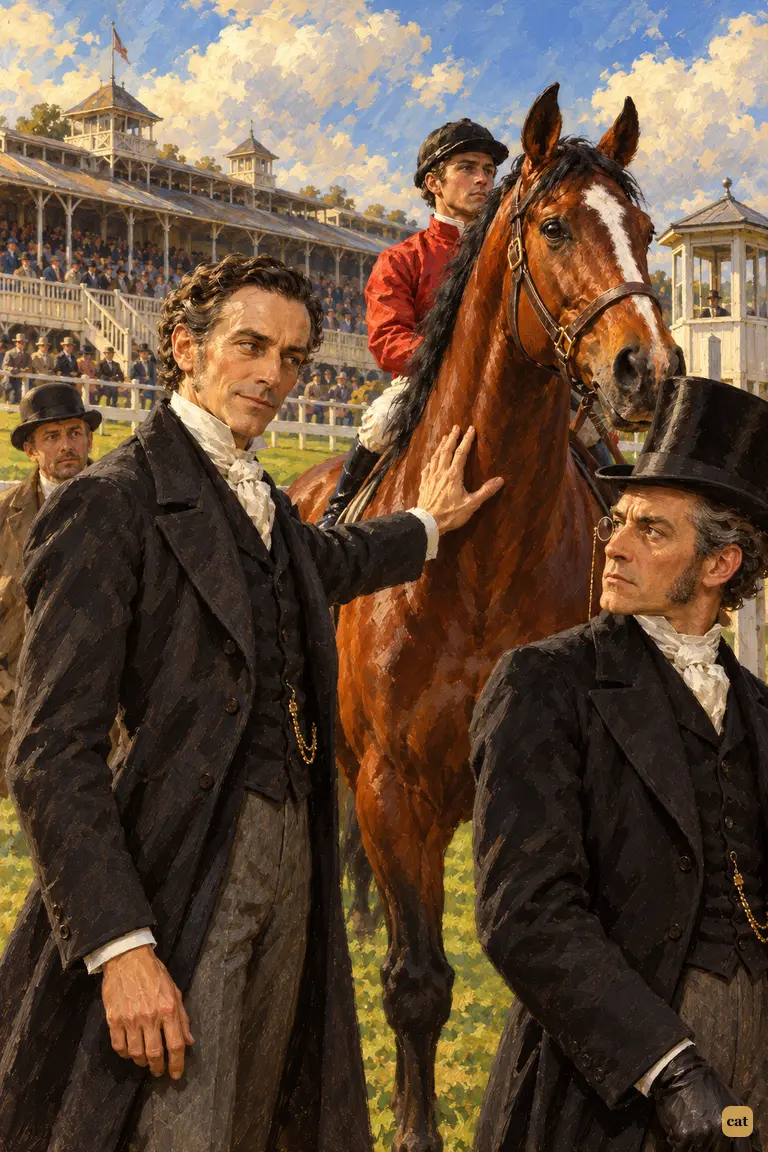 Holmes steps past Colonel Ross and lays his hand on the disguised bay's neck