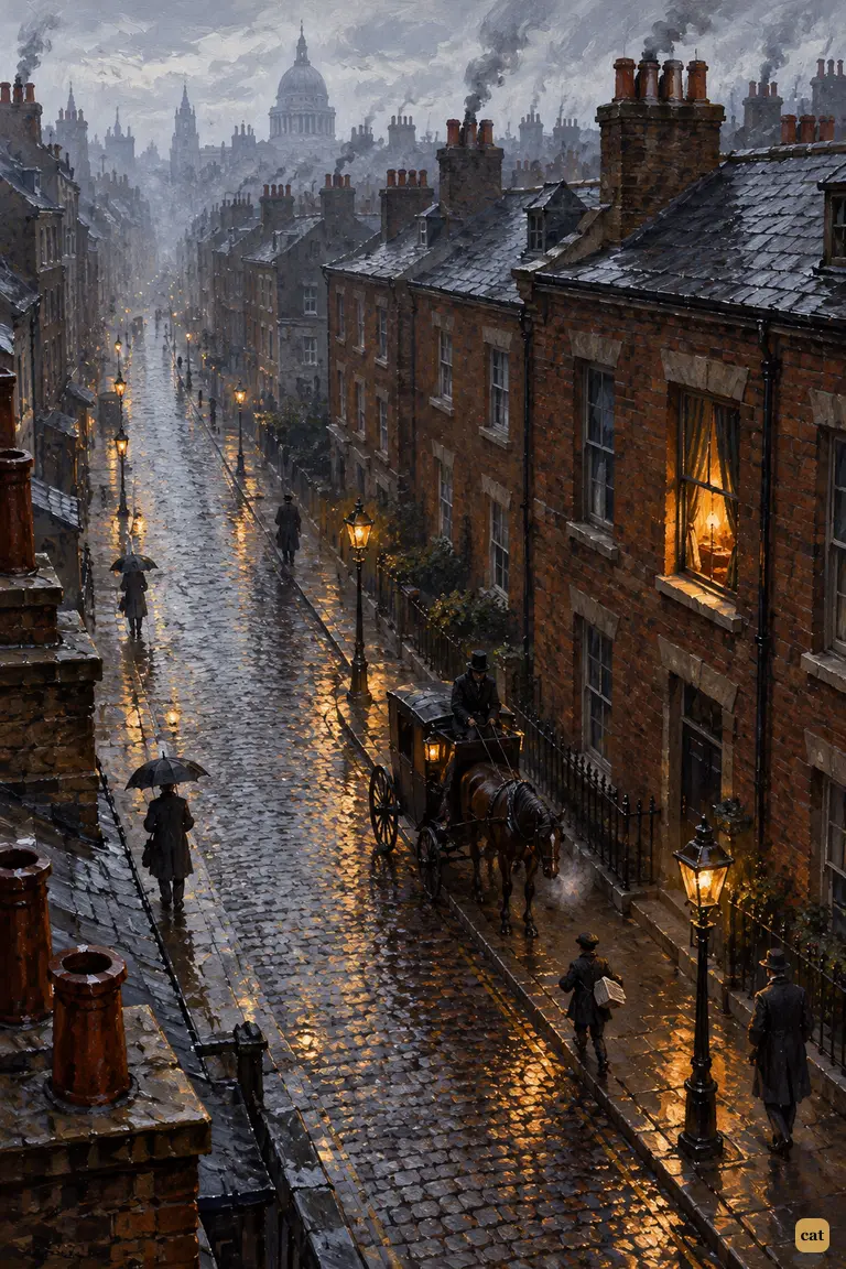 A damp grey London street from above, one amber window where Holmes and Watson sit