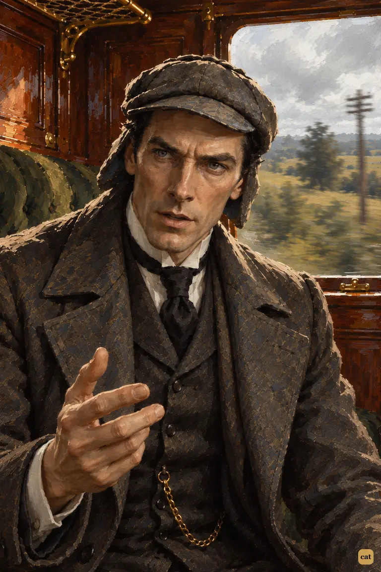 Holmes leans toward Watson, counting off the damning facts against Fitzroy Simpson