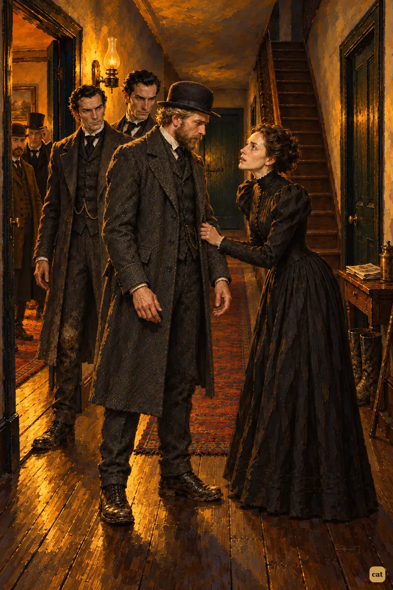 In the villa passage, the haggard widow grips the Inspector's sleeve as Holmes watches