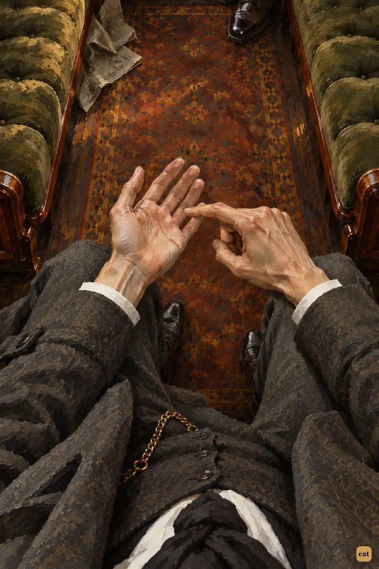Holmes's forefinger hovers over his open palm, ready to tick off the case's first point