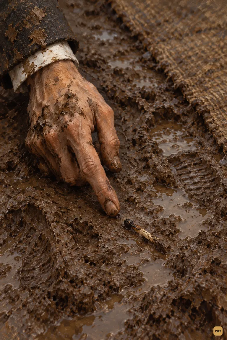 A muddy finger points at a half-burned wax vesta in the trampled mud of the hollow