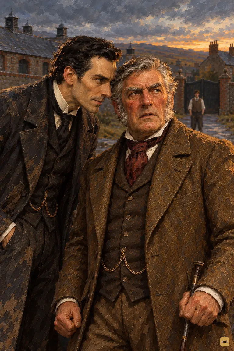 Before the stable gates, the detective leans in and whispers a sentence to the trainer