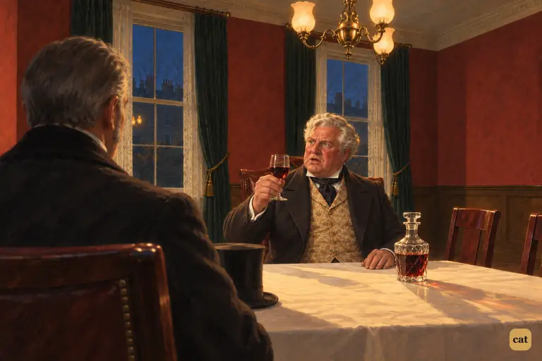 Utterson is seen from behind, over his shoulder, in Lanyon's gaslit dining-room.