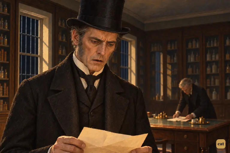 Utterson lowers the will bearing his own name and looks down toward the dead man