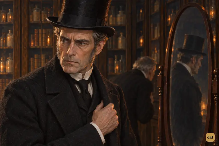 At the cheval-glass, Utterson stops short at his friend's name but stays composed