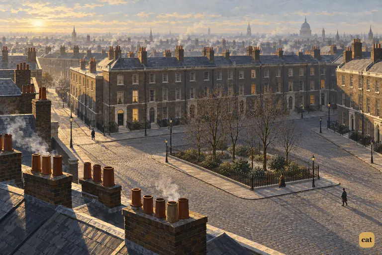 A high view looks down over a quiet London square in winter.
