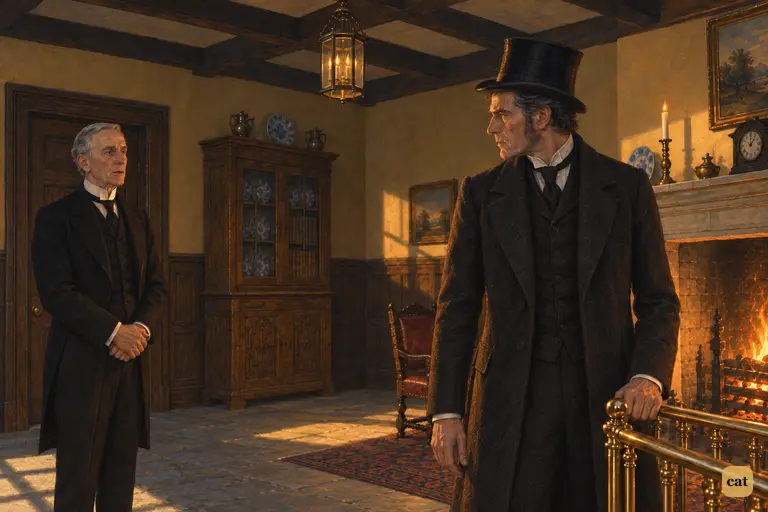 In the firelit hall of Dr. Jekyll's house, Poole calmly says that Mr. Hyde has a key.