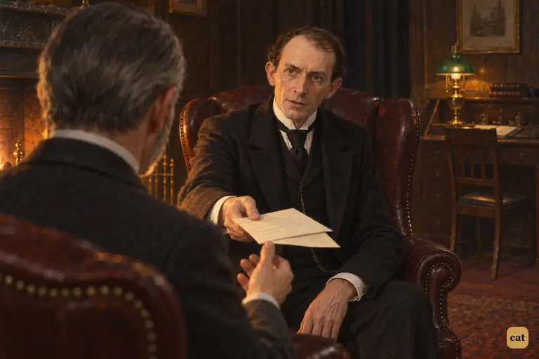 By Utterson's fire, Mr. Guest hands back Hyde's letter and Jekyll's note