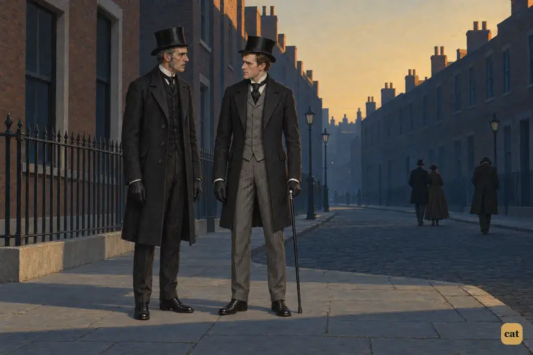 Out of the by-street at last, Utterson turns to Enfield on a street in blue Sunday dusk.