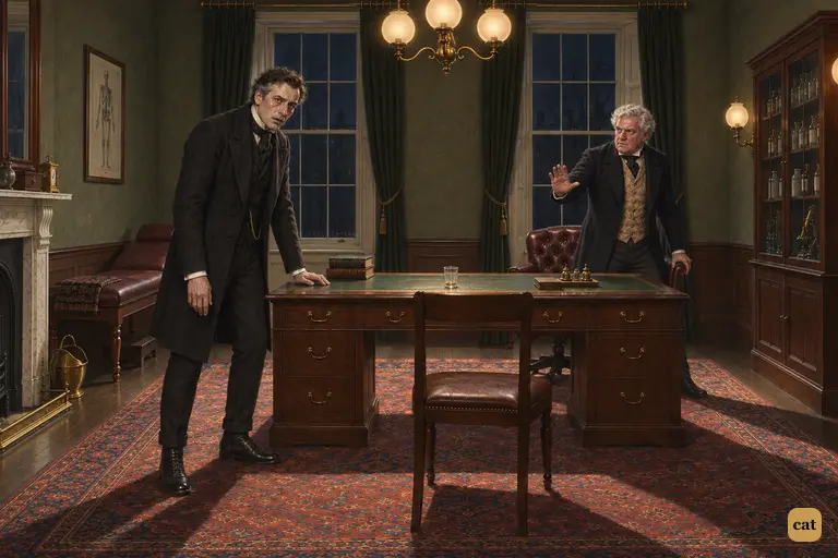 At midnight in Lanyon's consulting room, Jekyll, just changed back, stands pale and dazed