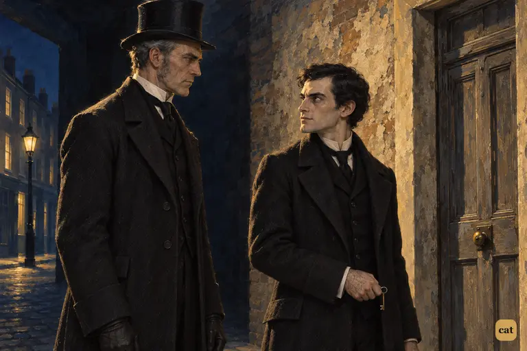 On the frosty step before the blistered door, Hyde turns to face Utterson in the gaslight.
