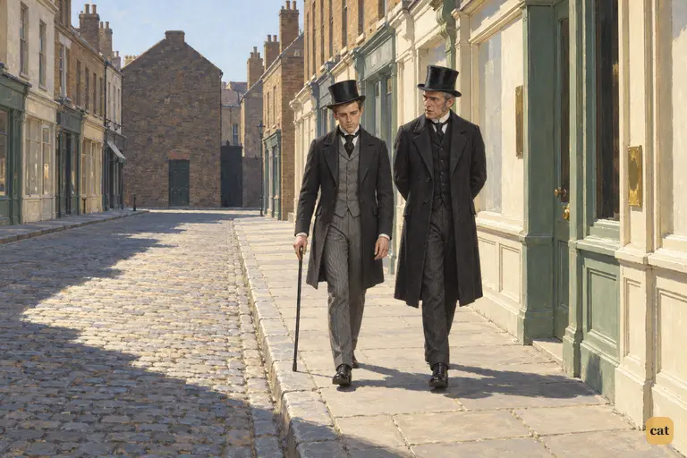 The two men walk on down the bright, empty by-street, the dark door now small behind them