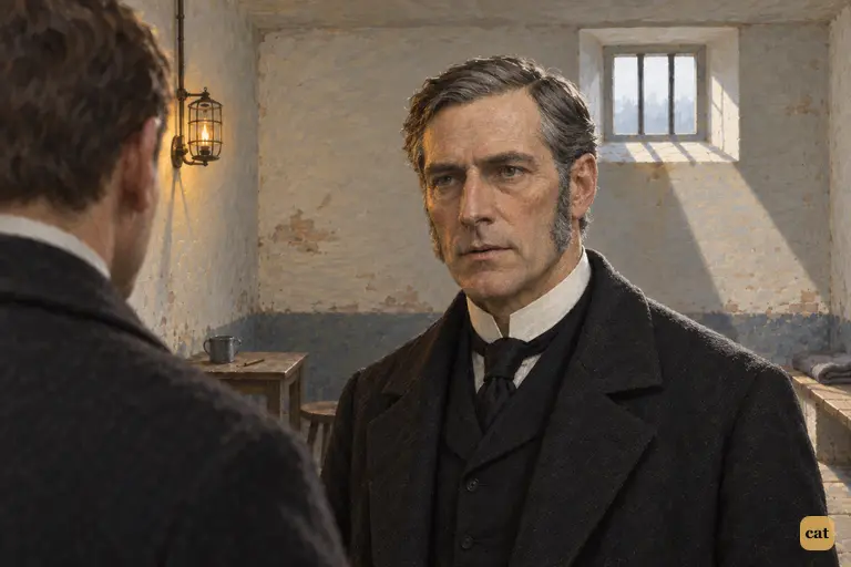 In the police cell, Utterson offers to lead the inspector to Hyde's house