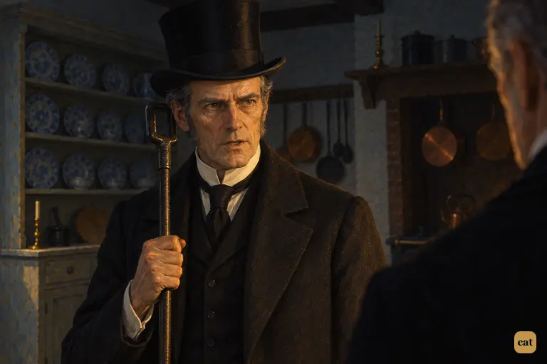 Utterson grips the iron poker against his shoulder and looks Poole in the eye