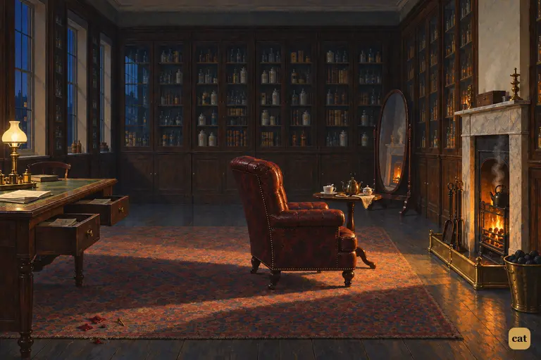 Behind the broken red baize door, the cabinet looks peaceful.