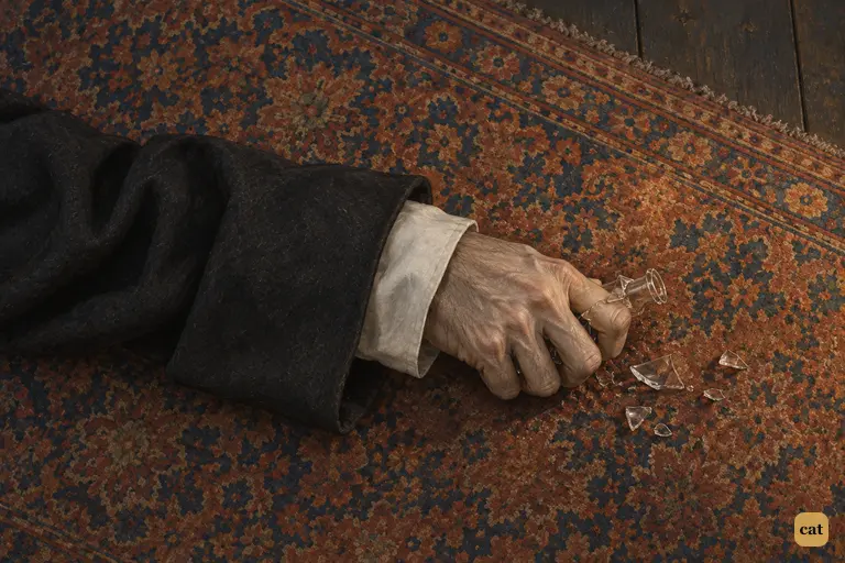 A small, hairy dead hand, lost in the doctor's huge coat sleeve, clutches a crushed phial