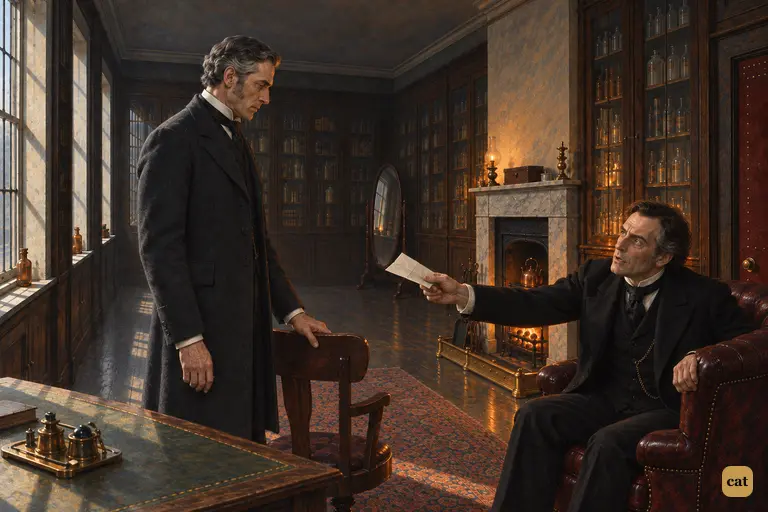A feverish Dr. Jekyll leans from his armchair and holds out a folded letter