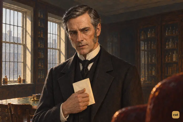 Utterson stands in Jekyll's cabinet with Hyde's letter folded against his chest