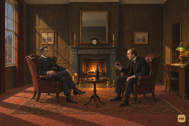 Utterson and Guest sit by a glowing fire with old wine as fog presses the window