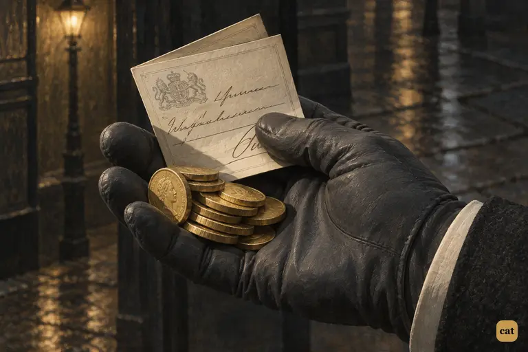 A gloved hand holds ten sovereigns and a Coutts's cheque, thumb over the famous signature