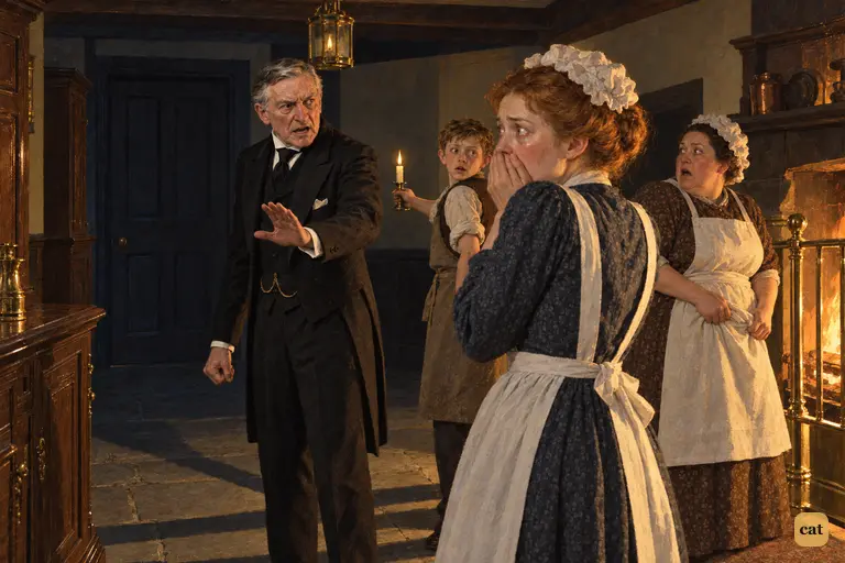 The maid's wail makes Poole snap "Hold your tongue!"