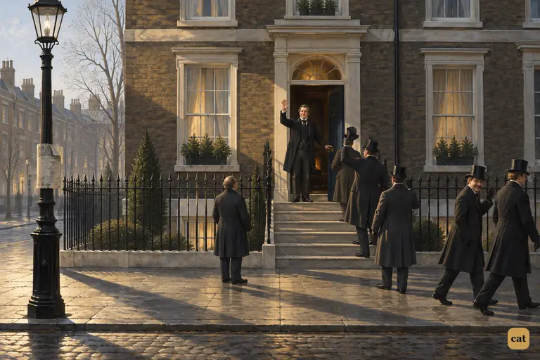 From his top step, Dr. Jekyll waves off departing friends in winter sunlight