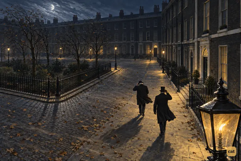Utterson and Poole hurry across an empty Georgian square at night.