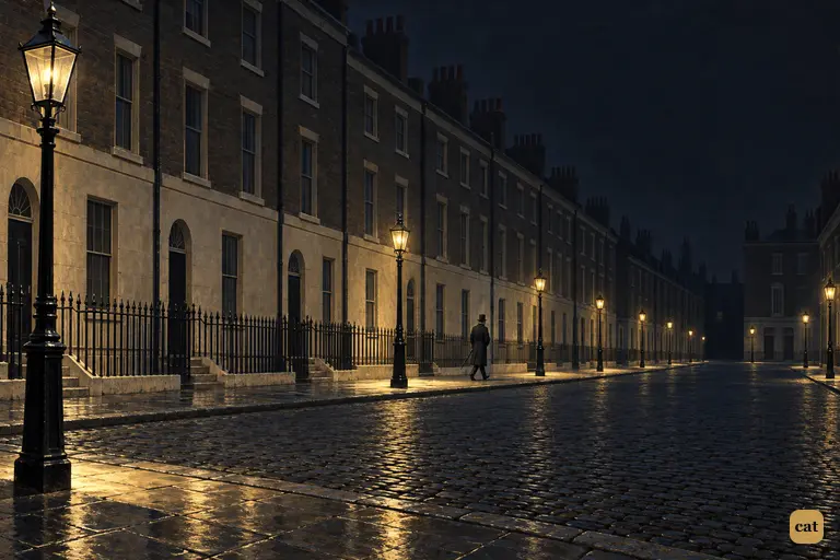 At three o'clock on a black winter morning, Mr. Enfield walks alone down an empty London street.