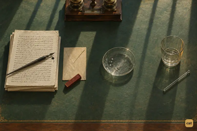 A few last white grains lie on a glass saucer on the green leather of the business table.