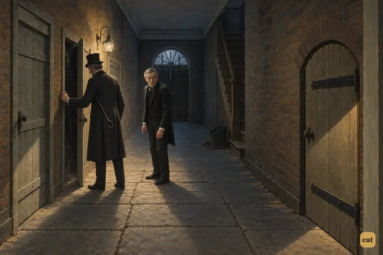 Utterson opens dusty closets in the corridor as Poole turns toward the arched cellar door