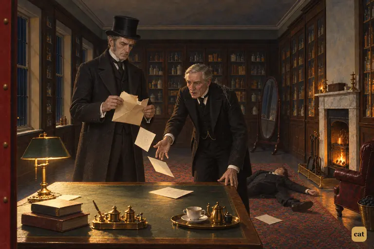 In Jekyll's wrecked cabinet, Utterson tears open his envelope and its enclosures fall out