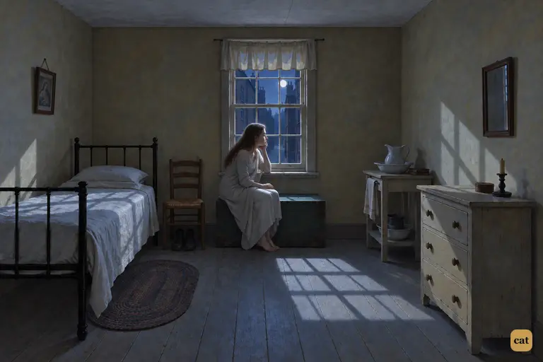 The young maid sits on her green box, gazing dreamily down into the moonlit lane