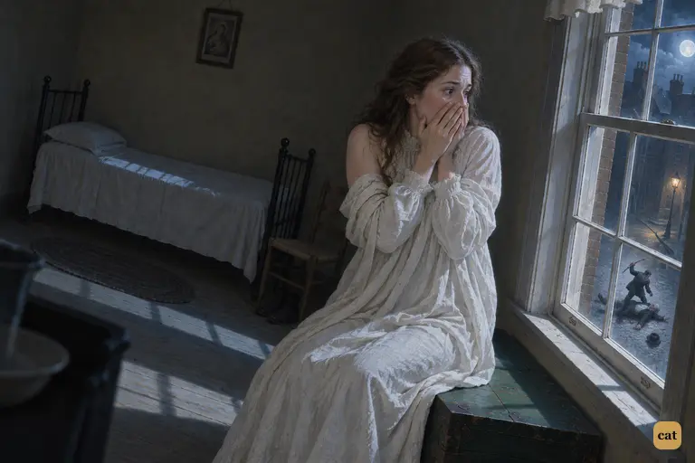The maid on her green box jerks back from the moonlit window with her hands clamped over her mouth.