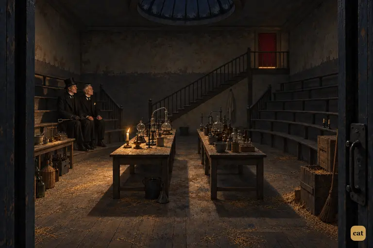 Utterson and Poole sit silently on the lowest tier of the dark dissecting theatre