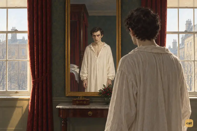 In Jekyll's bedroom, the pier glass shows Edward Hyde in a nightshirt far too large