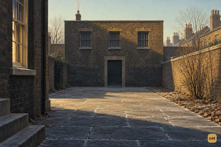The paved court behind Dr Jekyll's house lies empty on a clear, cold morning, and the calm is false.