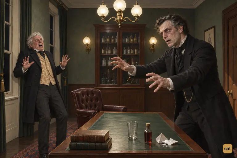 It is past midnight in the gaslit consulting room.