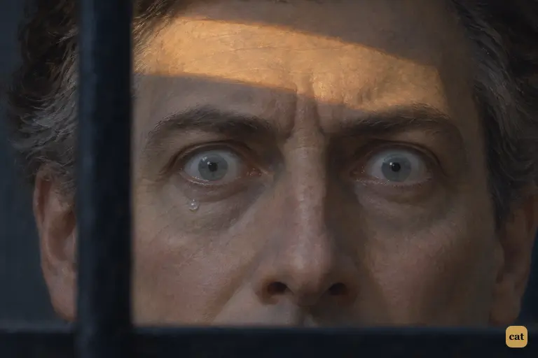 At the half-open window, Jekyll's polite smile vanishes into abject terror and despair