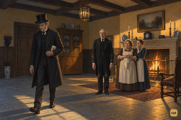 The servants huddle at the hall fire as Utterson, packet in pocket, trudges to the door